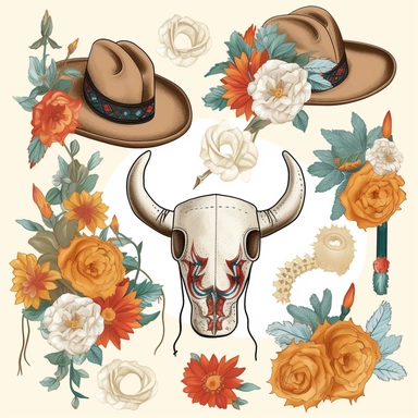 clipart, vector, country western, boots, cowgirl hats, lasso’s, bull skulls, include flowers on each element, separate each element so they can be incorporated into other designs, white background