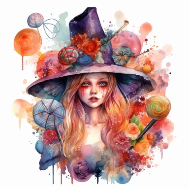 The clipart image depicts a charismatic candy-witch standing in the center of the image, with a white background. She has a beautiful, kind, and intriguing facial expression, and is surrounded by colorful lollipops, candies, and flowers. SHe is wearing a witch-hat. The image is made with watercolors and is in the style of Aleksi Briclot.