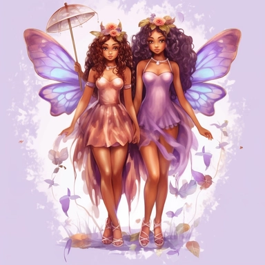 twin cute stunning brown skin fairy girls clipart watercolor purple dress [turnabout] front view, looking at camera cw, 8k, hd v5 line drawing full body length fairyland forest