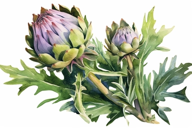 Watercolor, Artichoke, Cynara scolymus Plant, Japanese pot, clipart, hd, on a white background, spaced out