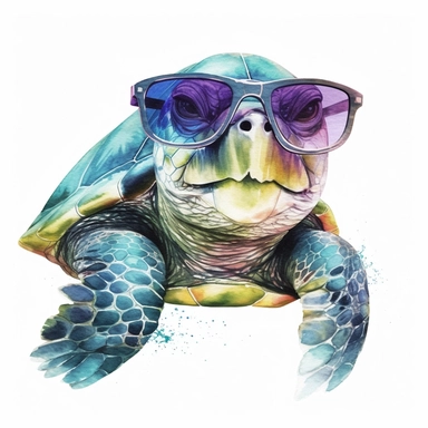 Watercolor Cool Purple Green Retro Big Smiling Beach Sea Turtle Golden Chain Full Black Covered Sunglasses Clipart Sea Life Swimming in Background White Background