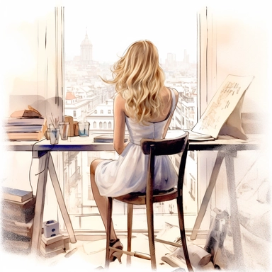 watercolor clipart of detailed high fashion campaign image, female model, long blonde hair, beautiful, she is sketching architectural drawings in an office place, you cant see her face its shot from the back of her, shot in the style of giampaolo sgura, you can see the model from head to toe, the camera angle is wide shot