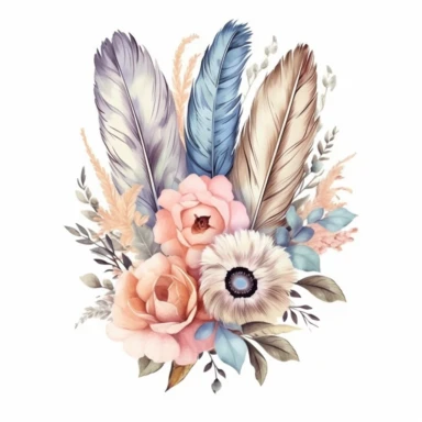 Create an auto sticker that takes viewers on a journey into a dreamy landscape filled with boho feathers and enchanting watercolor floral clipart bouquets. Let the soft and ethereal elements blend together, transporting observers to a world where imagination knows no bounds.