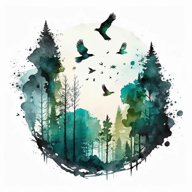A peaceful forest with green trees, a blue sky, and small birds flying through the air. Clipart Watercolor white background