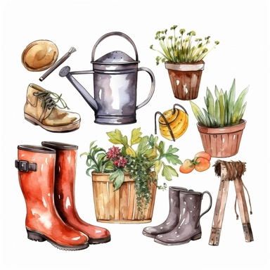clip art. Delicate colours. Gardening elements on a white background. Rubber boots, wheelbarrow, wooden box, watering can, bucket. Watercolor illustration.