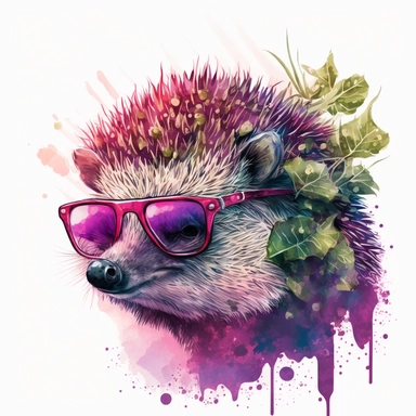 hedge wearing sunglasses for a cool illustration, in the style of explosive wildlife, watercolor illustrations, magenta and bronze, sharp/prickly, characterized animals, aurorapunk, bright palette, clipart