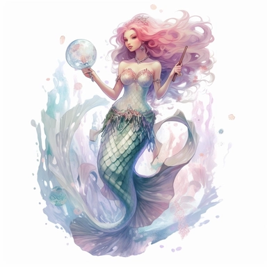 full body mermaid, clipart, intense white and deep pastel colors, dnd, watercolor, no background, isolated on a white background, self contained, well defined edges, by amy sol and magali villeneuve and susan bourdet and ross tran, spaced out, glowy, intricate, 8k