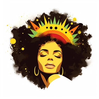 Clipart style, close in the face of a black woman. Her eyes are closed. Her eyelids are colored with the colors of the jamaica flag. She have a golden crown in her black powerful afro hair on a white background