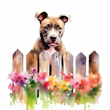 watercolor pitbull on a fence some flowers clipart ~~ar 9:8