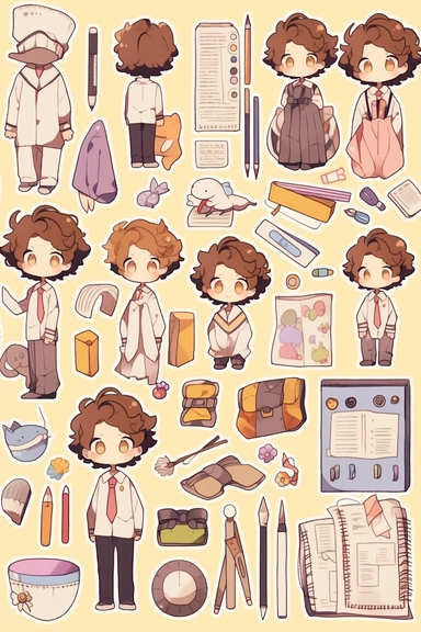 Stickers, Clipart, Knolling layout of cute Teacher themed, accessories neatly placed in equal proportion, Super Giant Pitch, larger spacing, pocket sticker, stationery set, vector stickers, high detail, charater sheet, Planner Stickers, Bright Colors, Hand Drawn Artwork, anime style, single design, 8k, white background, appropriate blank
