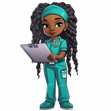 black nurse dreads clipart sticker in teal scrubs holding a clipboards
