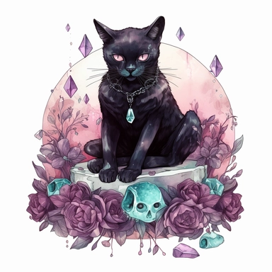 hand drawn black cat, sitting with front paw resting on a skull, flowers and crystals, shades of burgundy purple and teal, romantic and edgy, very detailed and realistic, watercolor, clipart style