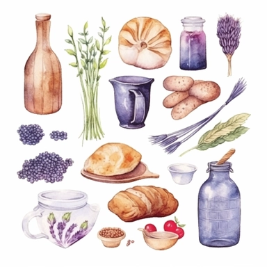 Watercolor set with food ingredients for cooking and baking. Culinary clipart isolated on white background. Hand drawn cooking elements. Delicate colours