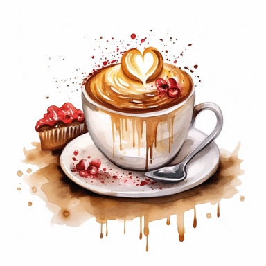 hot cappuccino plan heart and little cake digital clipart on white background