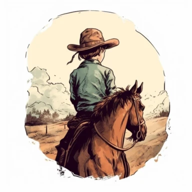 western little boy with hat with his back to viewer, boy facing the horizon, holding a horse, png, minimal cartoon, clipart, vector, digital airbrush, in the style of tattoo