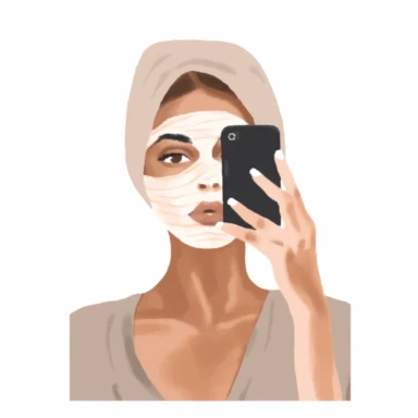 a watercolor sticker of a woman taking a selfie with face mask and towel on her hair. Clipart. Neutral beige faded color palette. White background. Artistic illustration. Minimal. Hand-drawn.
