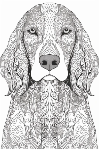 coloring page for adults, mandala pattern, white background, clean line art, fine line art, no clipping, irish setter