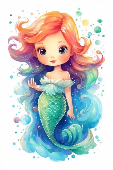 style of pixar and kawaii, mermaid, bright colors, watercolor, cute design, random hair and skin color, clipart
