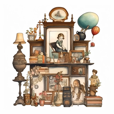 A vintage-inspired art gallery showcasing retro artwork and sculptures, clipart, watercolor, white background, american style