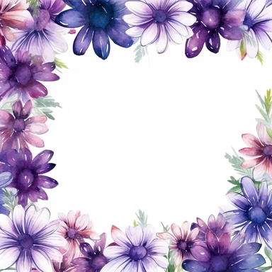 detailed vibrant watercolor rectangle purple daisy flower border with cute border line and with wide middle white space , isolated on white background, realistic, clipart