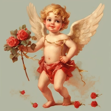 vintage adorable little cupid with red hearts and flowers, full body, clipart style, accurate details, oil painting technique, super high quality, professional clipart, high resolution