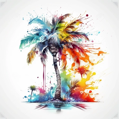 tattoo flash sheet of a majestic palm tree in painting style of Leonid afremov, island, sea waves, water splashes, white background, colorful shades, highly detailed clean, vector image, photorealistic masterpiece, professional photography, realistic, flat white background, isometric, vibrant vector, clipart, illustration, realism, 4k, surrealism, cinematic, front view, white background