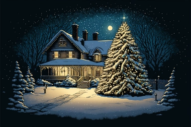 Stunning Vector clip art Christmas scene. frosty winter evening, snow is falling gently outside. The Christmas scene is one of festive cheer, as a cozy house is adorned with twinkling Christmas lights and colorful decorations. A tall Christmas tree with ornaments, gifts, decorations stands proudly in the front yard, its branches glistening with snow. The house itself is a picture of holiday cheer. Its windows are adorned with wreaths and garlands, and a wisp of smoke curls from the chimney. The 