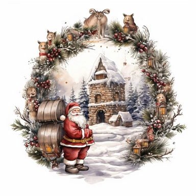 vintage design, advent wreath around, christmas theme watercolor santa claus with a big sack filled with gifts Clipart Collection in beautiful winter landscape, advent wreath around, christmas theme, detailed, isolated, white background, one pattern