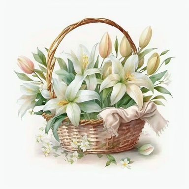 watercolor Easter lily flowers in basket, ribbon bow, Easter element, clipart, on white background
