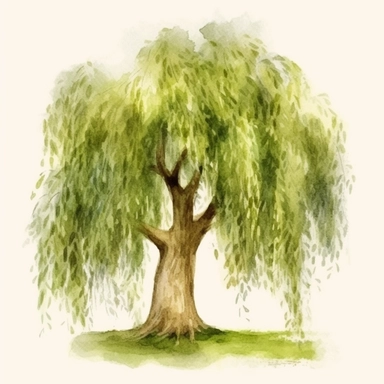 one single beautiful, photo realistic, proud, healthy, green watercolor Willow tree clipart with only one trunk at summer, cut out, vintage beige background