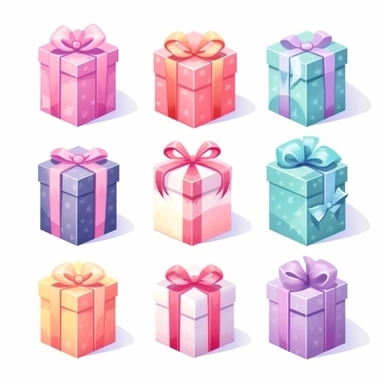 Set of gift box clipart, gift clipart, pastel color, minimal, white background for remover