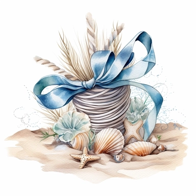 Craft a lovely clipart image of ribbon twine entwined with seashells, using soft watercolor strokes and shades of blue, capturing the coastal charm and delicate beauty of your beach wedding decorations ,Weeding on the beach, Watercolor, Detailed, sweet, m