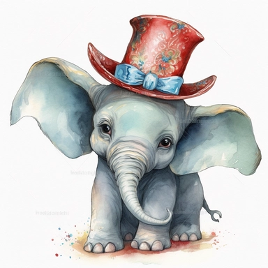 hand drawn Disney’s dumbo the baby elephant, oversized ears, 1920’s circus, lovely, glamorous, very detailed and realistic, watercolor, clipart style, white background with margins