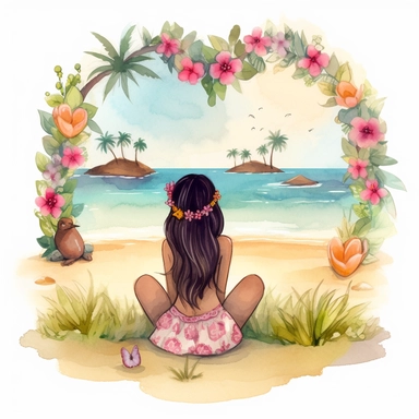 watercolour, tropical island setting, showcase an adorable little Hawaiian girl, she has flowers in her hair, she is sitting near the beach, surrounded by beautiful flowers and hearts, the feeling is magical, clipart style