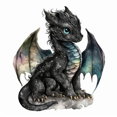 black baby dragon, watercolor, clipart