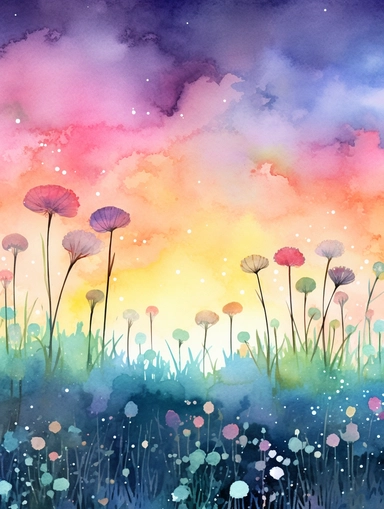 clipart style, watercolor scene of An enchanting illustration of a Twilight Meadow, showcasing a meadow bathed in the soft light of twilight. The sky is adorned with wisps of clouds and the first stars of the night, while the grassy field is alive with the vibrant colors of wildflowers. The scene evokes a sense of calmness, beauty, and the transition from day to night, HD, on white background