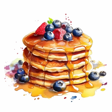 a cozy watercolor clipart image with a white background, showcasing a batch of fluffy and golden pancakes, drizzled with maple syrup and topped with fresh berries.