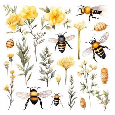 Watercolor bee clipart bundle ,Cute bee costume, Garden and flowers illustrations, Honey drips, white background