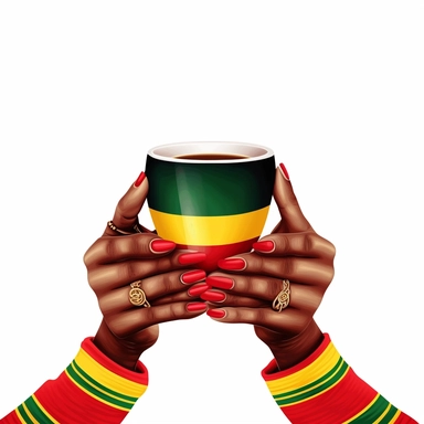 Juneteenth style,super cute black woman two hands holding teacup, showing perfectly red ,yellow and green nails in Juneteenth style,Drawing & Illustration, 8k,hd,clipart,white background