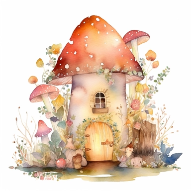 Watercolour illustration, A whimsical clipart image of a fairy house nestled among flowers, mushrooms, and twinkling lights, on white background