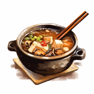Hot and Sour Soup (酸辣汤) Picture: A steaming bowl of hot and sour soup with a rich, dark, reddish-brown color. The soup is filled with an assortment of ingredients like tofu, wood ear mushrooms, bamboo shoots, and egg ribbons, creating a visually interesting mix of textures, watercolor clipart illustration, flat blank transparent background, food photography, soft cinematic lights, juicy, bright, high quality, ultra detailed, 32k