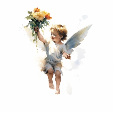 cherub flying, having a flower in his hand,watercolor painting by Thomas W. Schaller, clipart, white background