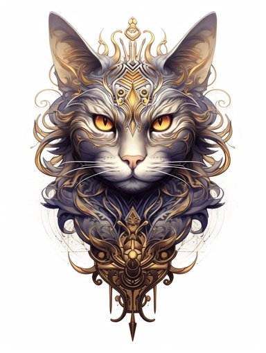 A cat portrait in a gold dress with ornate silver tattoo, in the style of black and lpurple, fractal patterns, mind - bending murals, zbrush, depictions of animals, distinctive noses, clipart png, photorealistic, watercolor, digital painting, WHITE BACKGROUND, fantasy style, realistic, painting, 8k, ultra details,