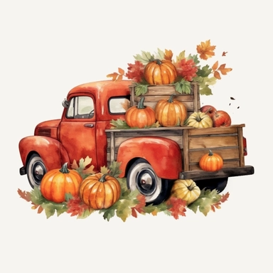 A red shabby American classic truck with two cute gnomes and pumpkins, sunflowers, maple leaves, autumn harvest, nature, watercolor clip art style, 4K HD,