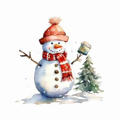 Christmas snowman watercolor clipart, stick for arms, no background