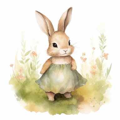 watercolour clipart illustration of cute shy modest baby bunny looking to the left wearing beautiful detailed cute big dress, standing in woodlands background on grass with flowers on white background, in the style of hyper-realistic animal illustrations, i can't believe how beautiful this is, childlike illustrations, close up, earthy tones