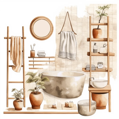 watercolor clip art style japandi bathroom furniture objects, beige, brown and white, white concrete background