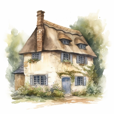 european cottage clipart, vintage cozy, country house, watercolour style