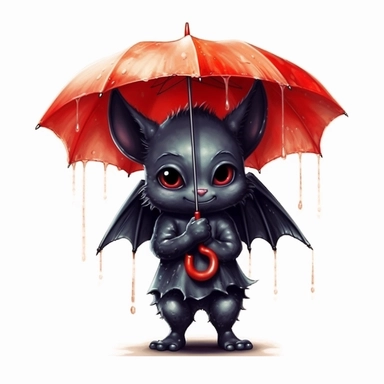 Cute Adorable magical little Devil with black wings holds a umbrella in his hand and wears a raincape and stand in the rain on a country road, clipart, photorealistic illustration, watercolor, high detail, 8k polished, 8k, vibrant colors, sticker, majestic, die cut, Black and Red color, white background