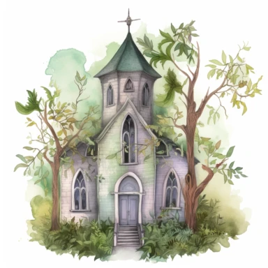 a cute but creepy church, new orleans style, mystical vines around, watercolour pencil style, magical, kids art, isolated on a white background, PNG file clipart style, Dennis Wojtkiewicz, Amanda Clark, Lowell Herrero,
